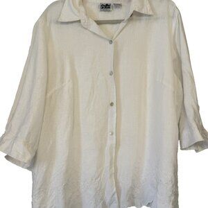 Edward Linen 100% Irish 2X Plus Size Embroidered Scallop hem Button white Top